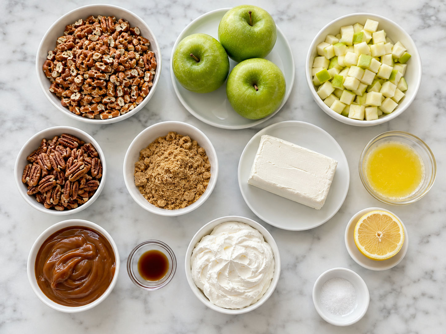 Ingredients for caramel apple pretzel salad on a pale wood surface