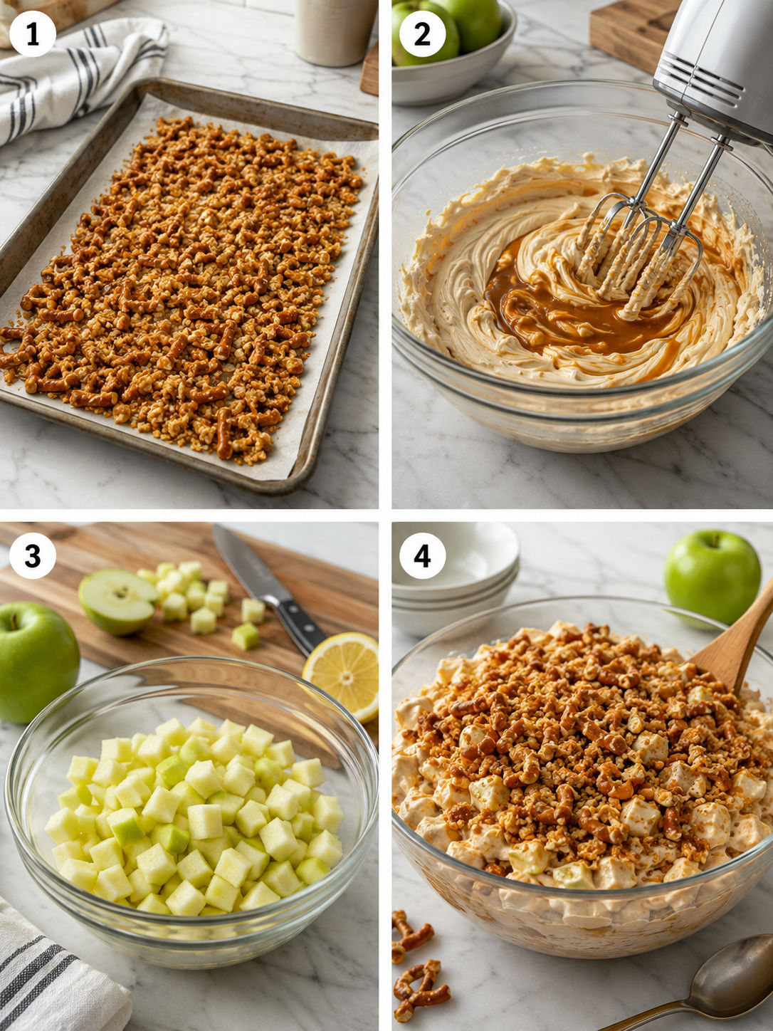 Steps for making caramel apple pretzel salad with pretzel crunch and cream