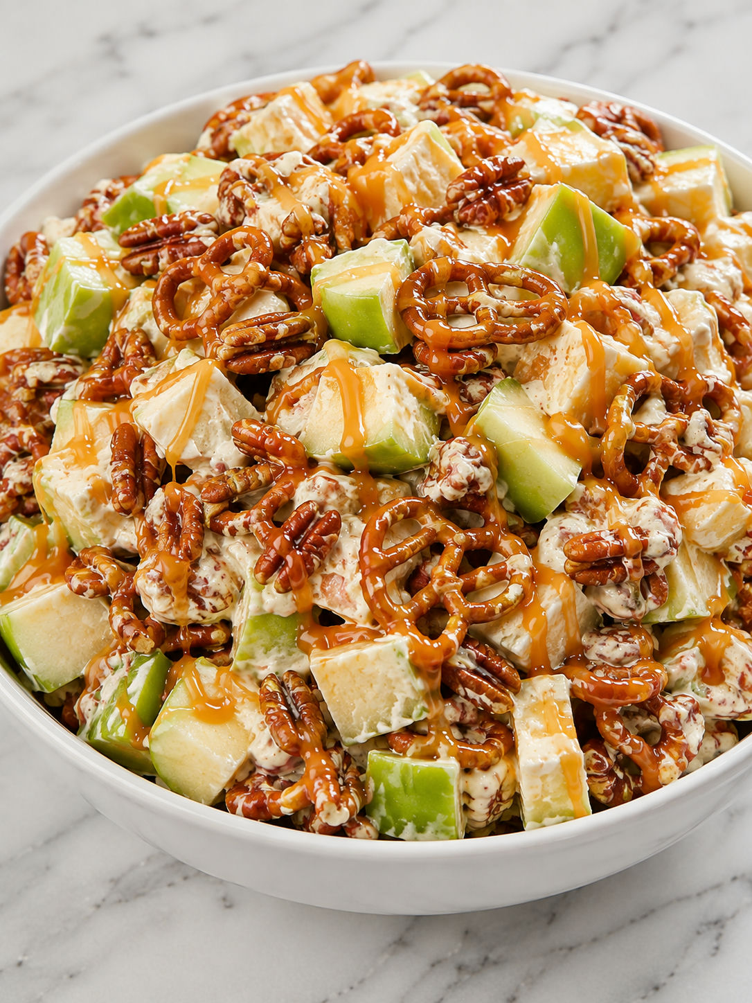 Creamy caramel apple pretzel salad with caramel drizzle and pretzel crunch