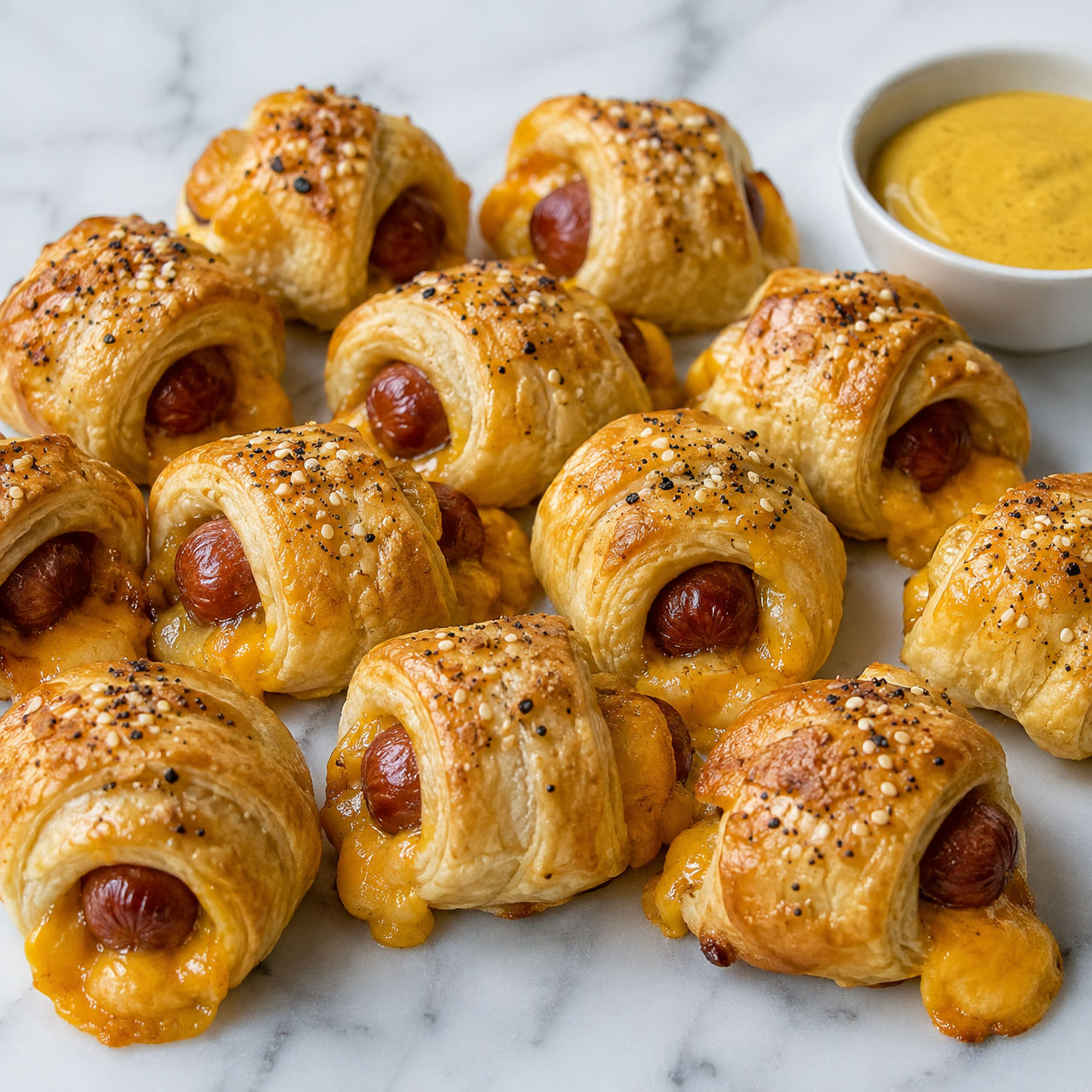 Cheese-stuffed sausages in golden crescent blankets with honey mustard