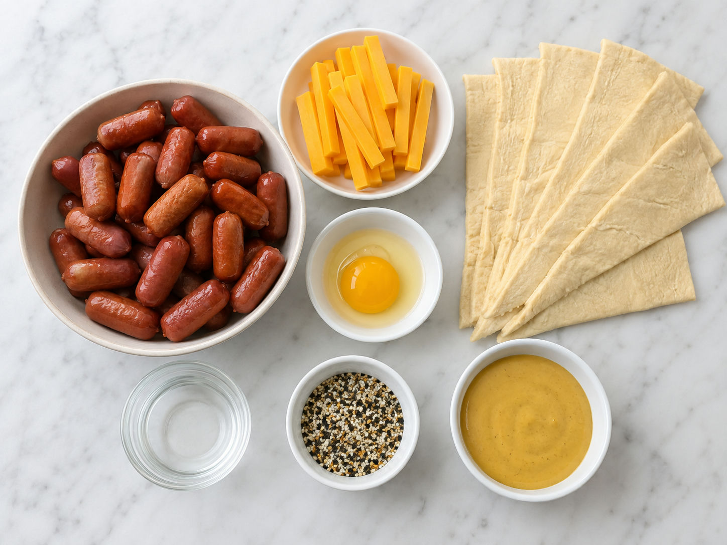 Mini sausages, cheddar, crescent dough, egg wash, seasoning, and honey mustard
