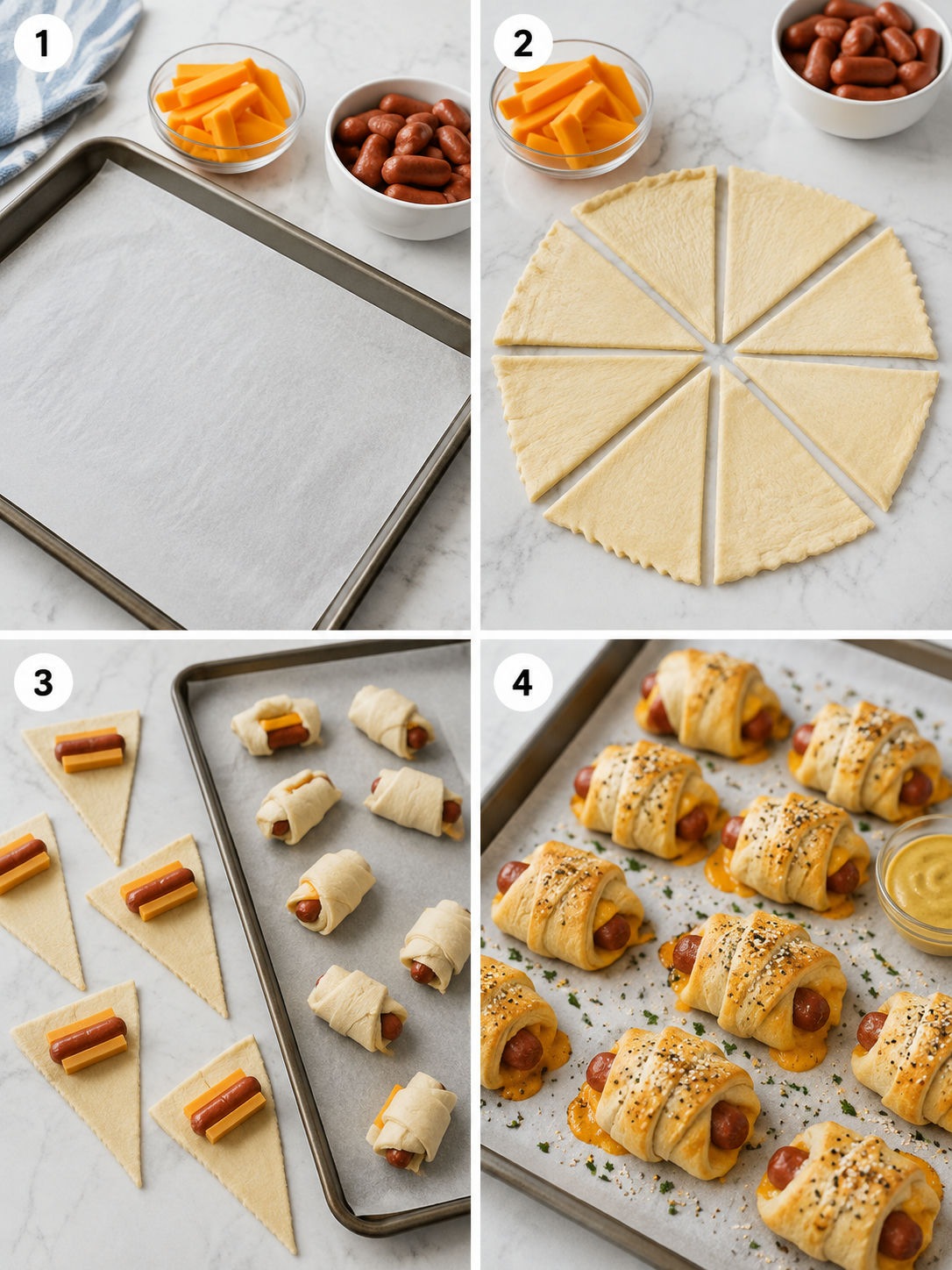 Four steps for stuffing, wrapping, and baking cheesy sausage blankets