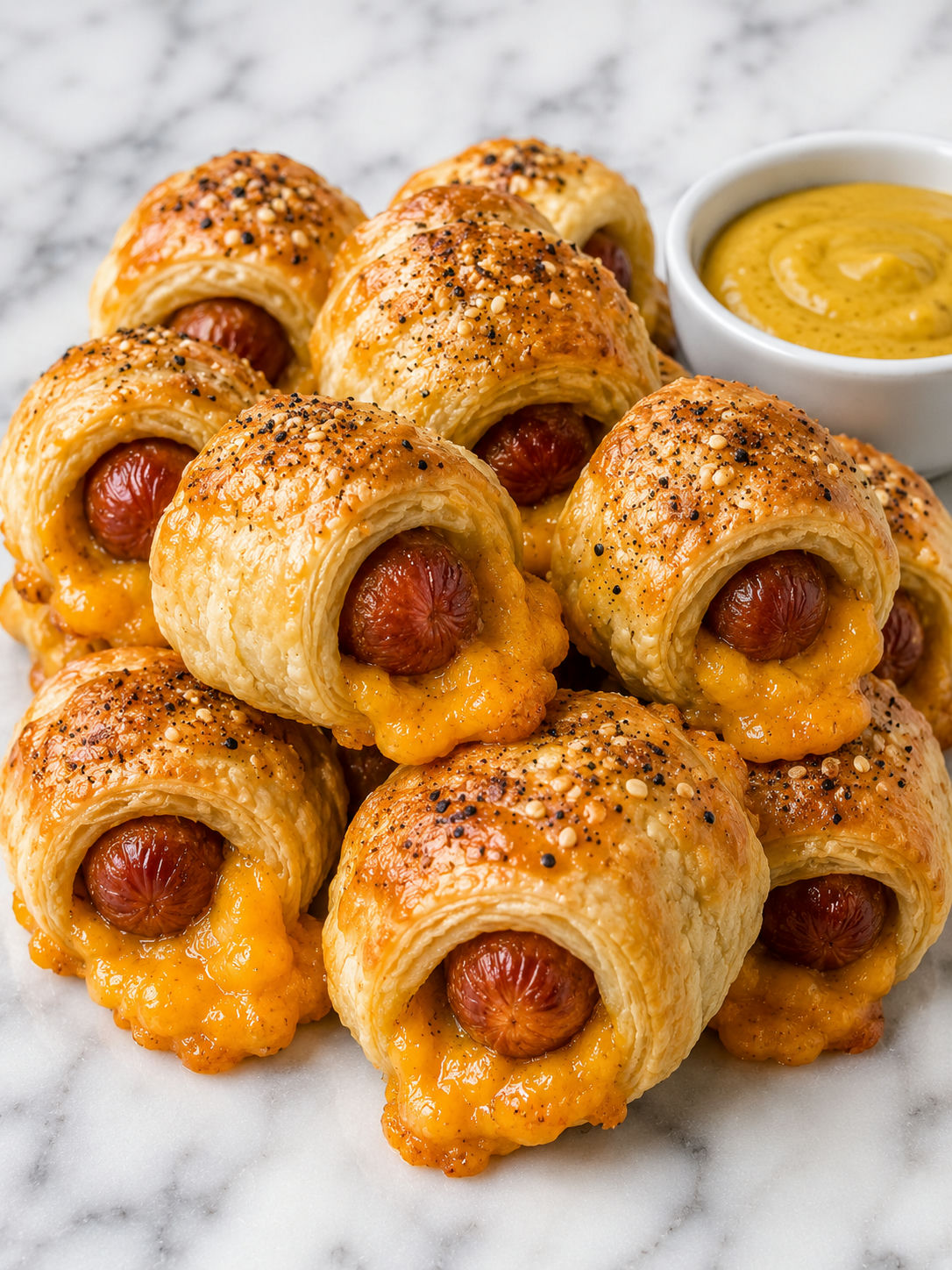 Golden cheese-stuffed sausage blankets with melted cheddar and honey mustard