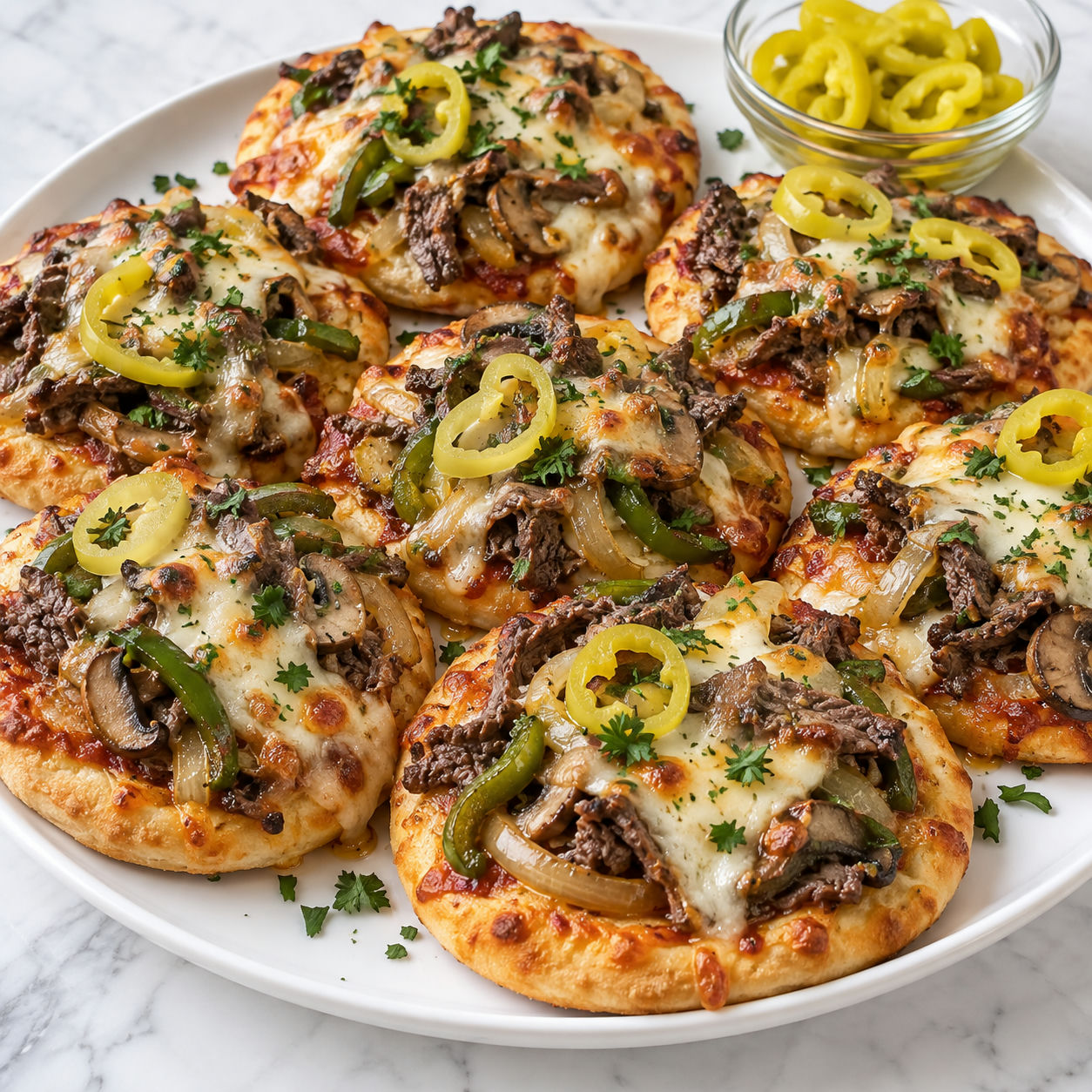 Cheesesteak mini pizzas with beef, peppers, onions, and melted cheese