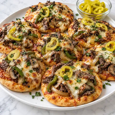 Cheesesteak mini pizzas with beef, peppers, onions, and melted cheese