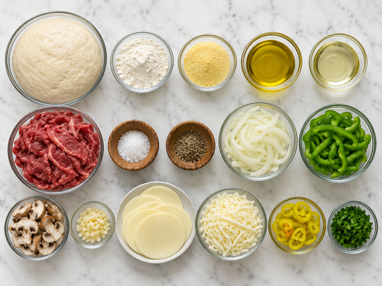 Ingredients for cheesesteak mini pizzas with shaved beef, peppers, dough, and cheese