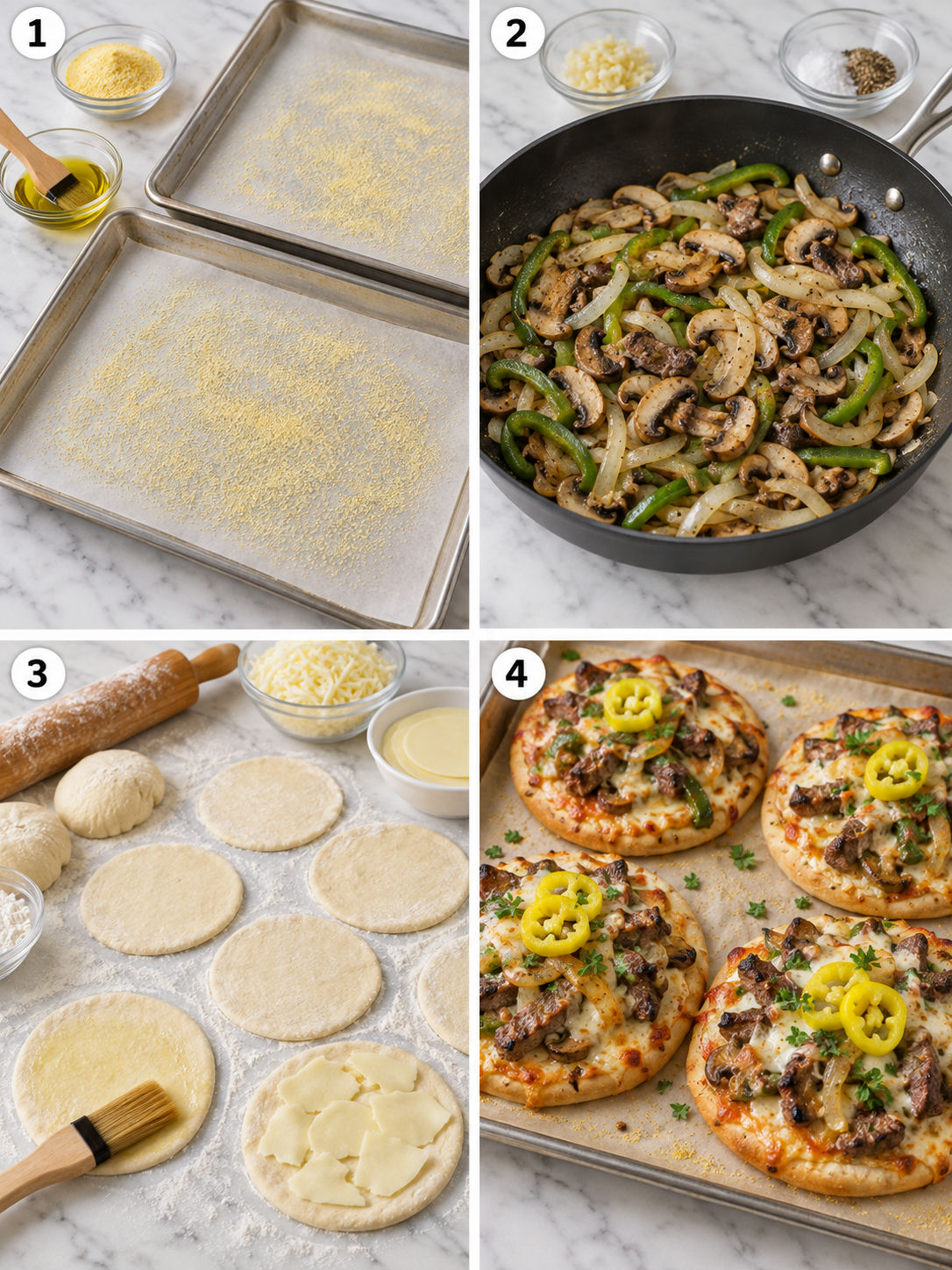 Four steps for making cheesesteak mini pizzas from skillet to baked pizzas