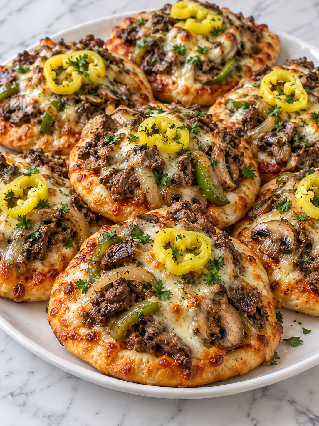Cheesesteak mini pizzas on a platter with melted cheese and pickled peppers