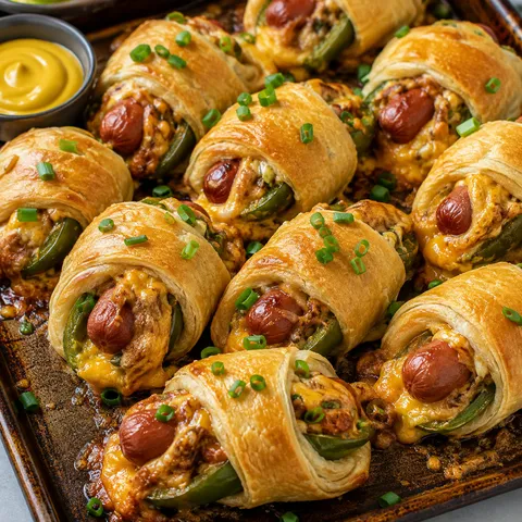Crescent wrapped chili dog jalapeño poppers with melted cheese and scallions