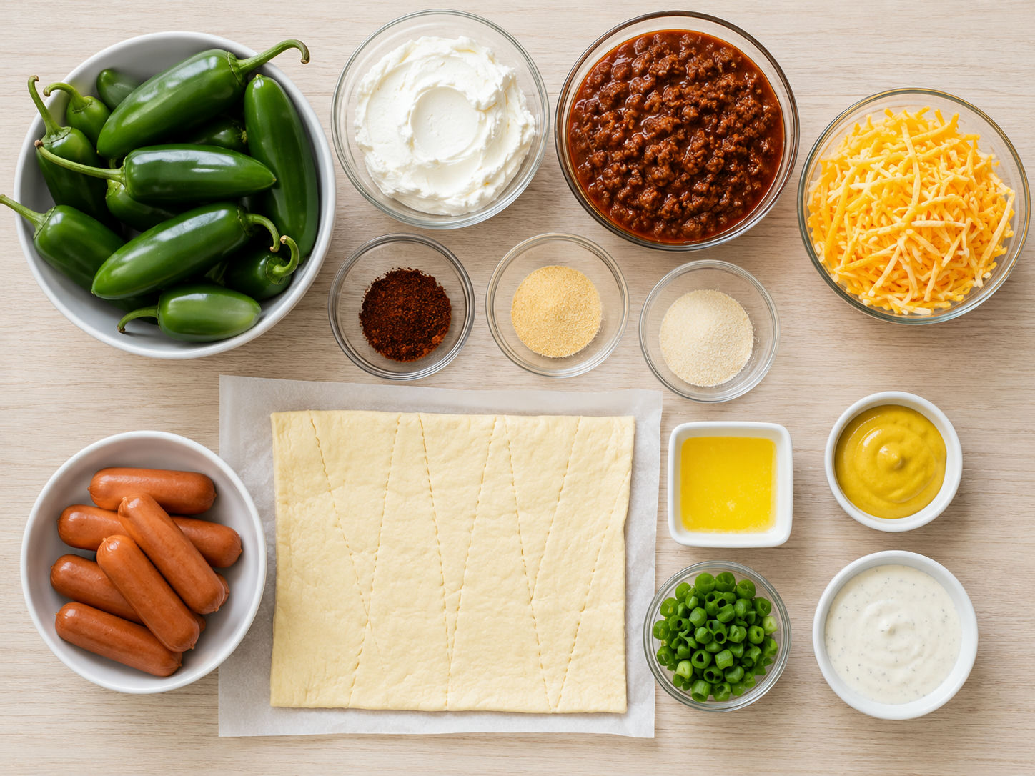 Ingredients for chili dog jalapeño poppers with crescent dough and cheese