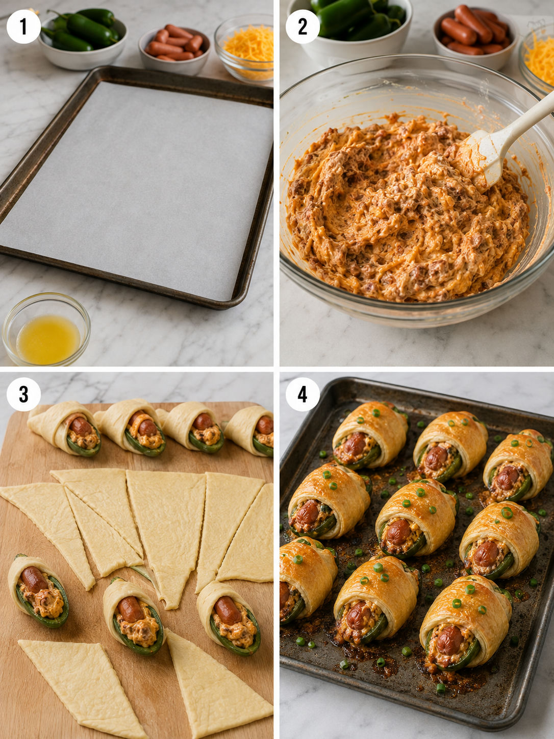 Four steps for making crescent wrapped chili dog jalapeño poppers