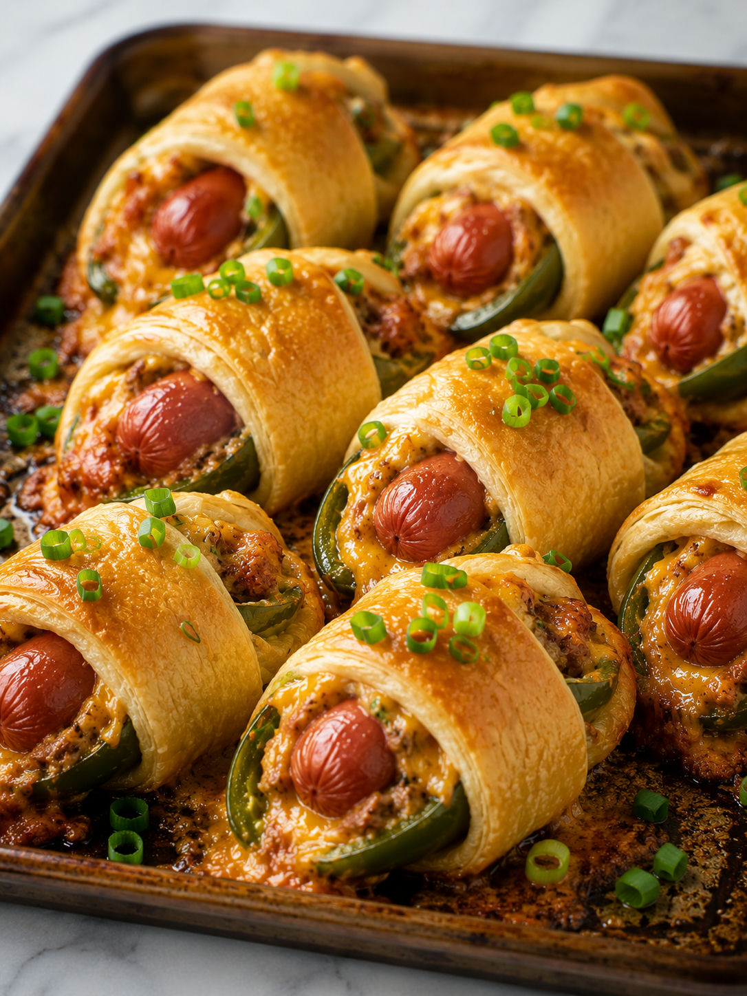 Golden chili dog jalapeño poppers wrapped in crescent dough with scallions