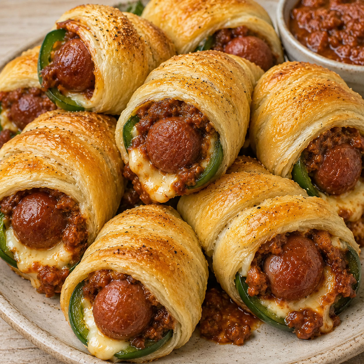 Cheesy chili dog jalapeño poppers with golden crescent wraps