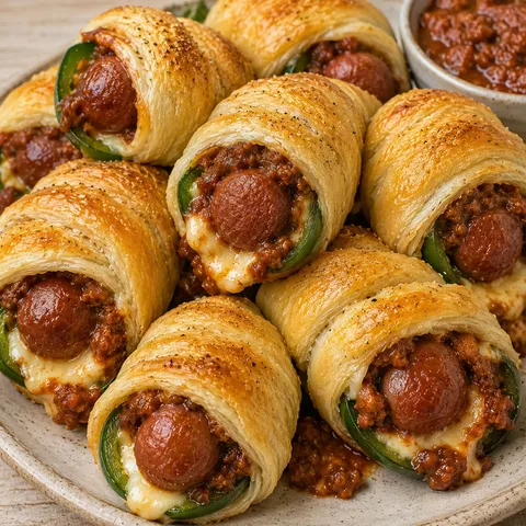 Cheesy chili dog jalapeño poppers with golden crescent wraps