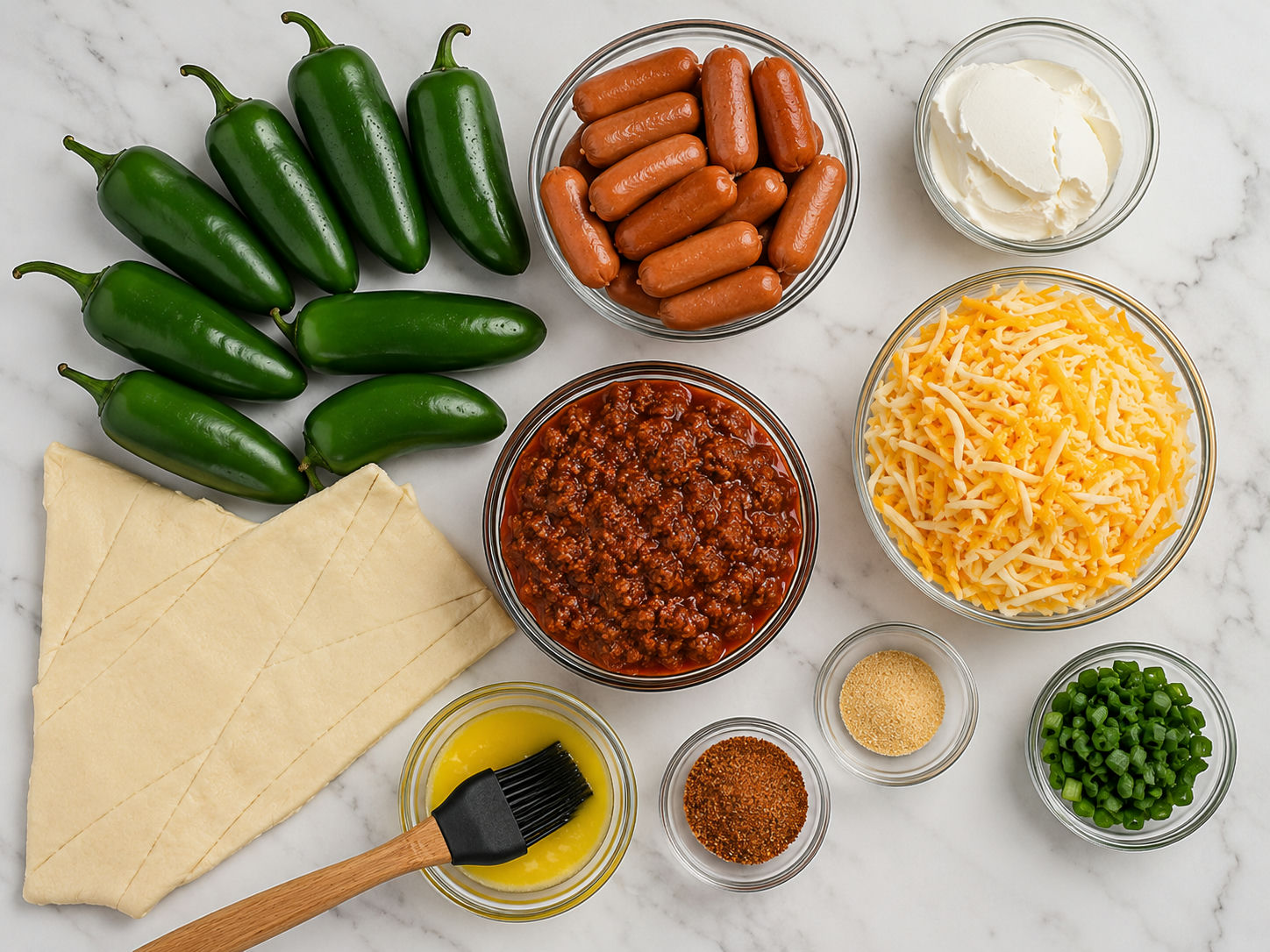 Jalapeños, sausages, chili, cheese, crescent dough, and butter