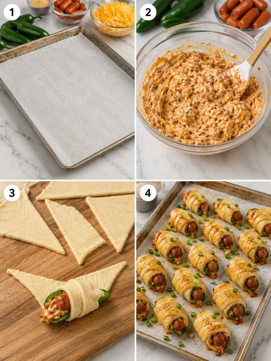 Four steps for filling and wrapping chili dog jalapeño poppers