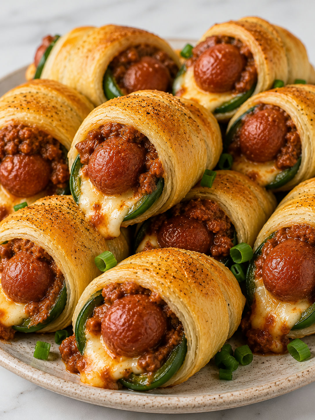 Golden crescent wrapped chili dog jalapeño poppers with melted cheese
