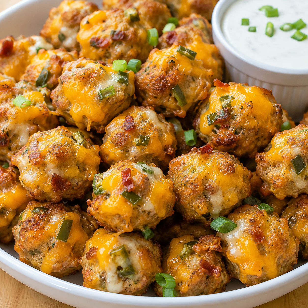 Cheesy jalapeño popper sausage balls with ranch dip and green onions