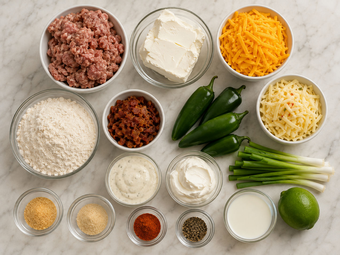 Ingredients for jalapeño popper sausage balls on a wooden surface