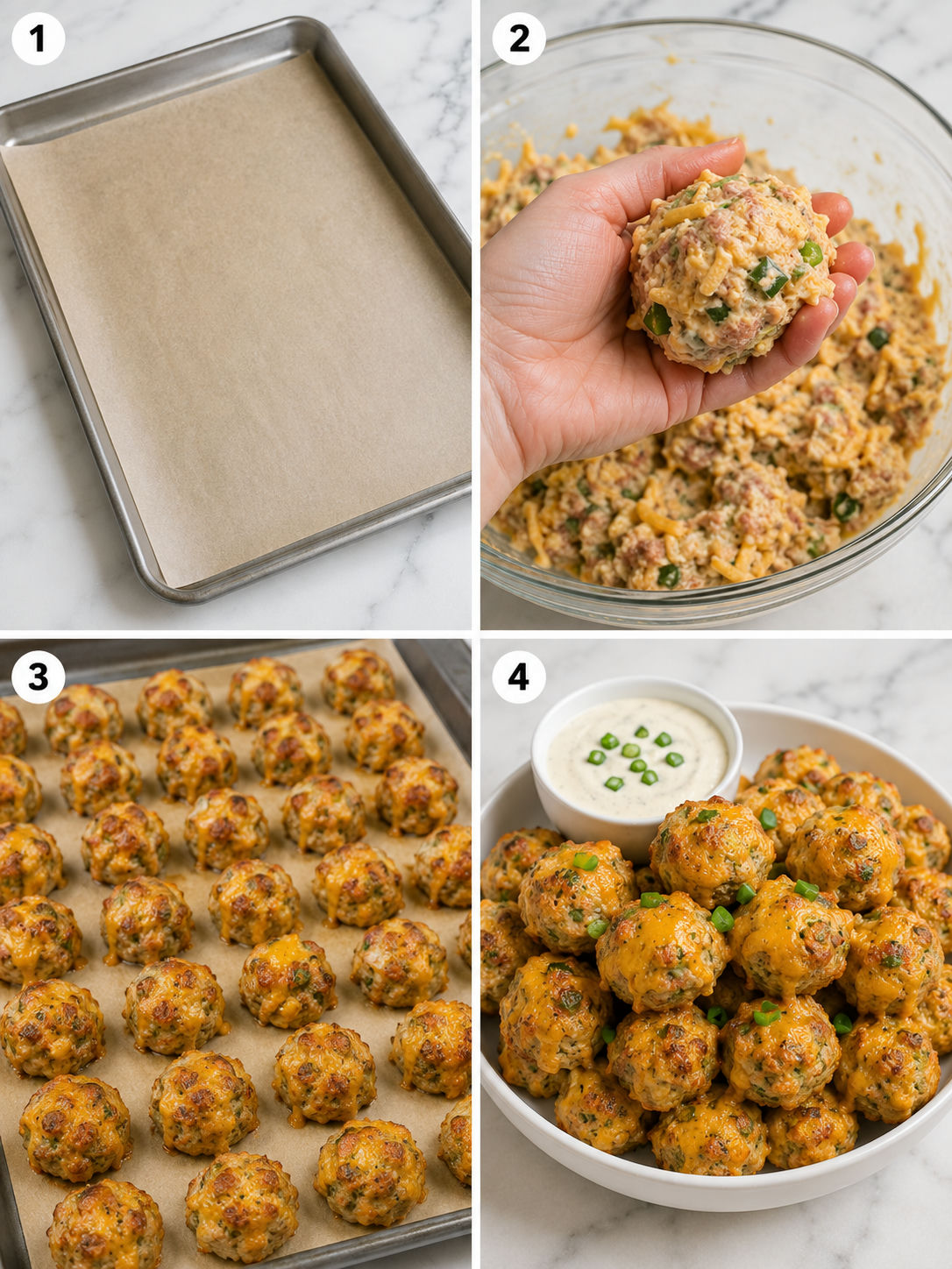 Four steps for mixing, scooping, baking, and serving sausage balls