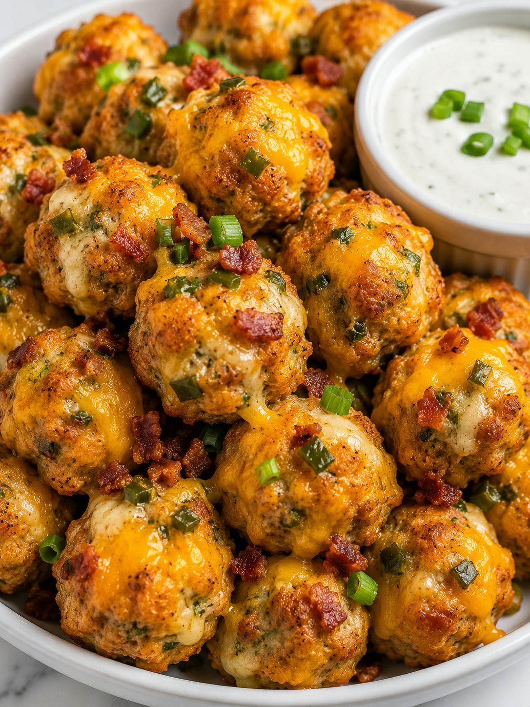 Golden jalapeño popper sausage balls with melted cheese and ranch dip