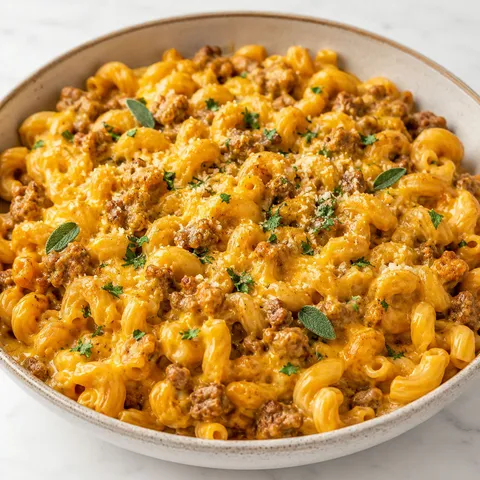 Cheesy pumpkin sausage pasta with parmesan and parsley in a bowl