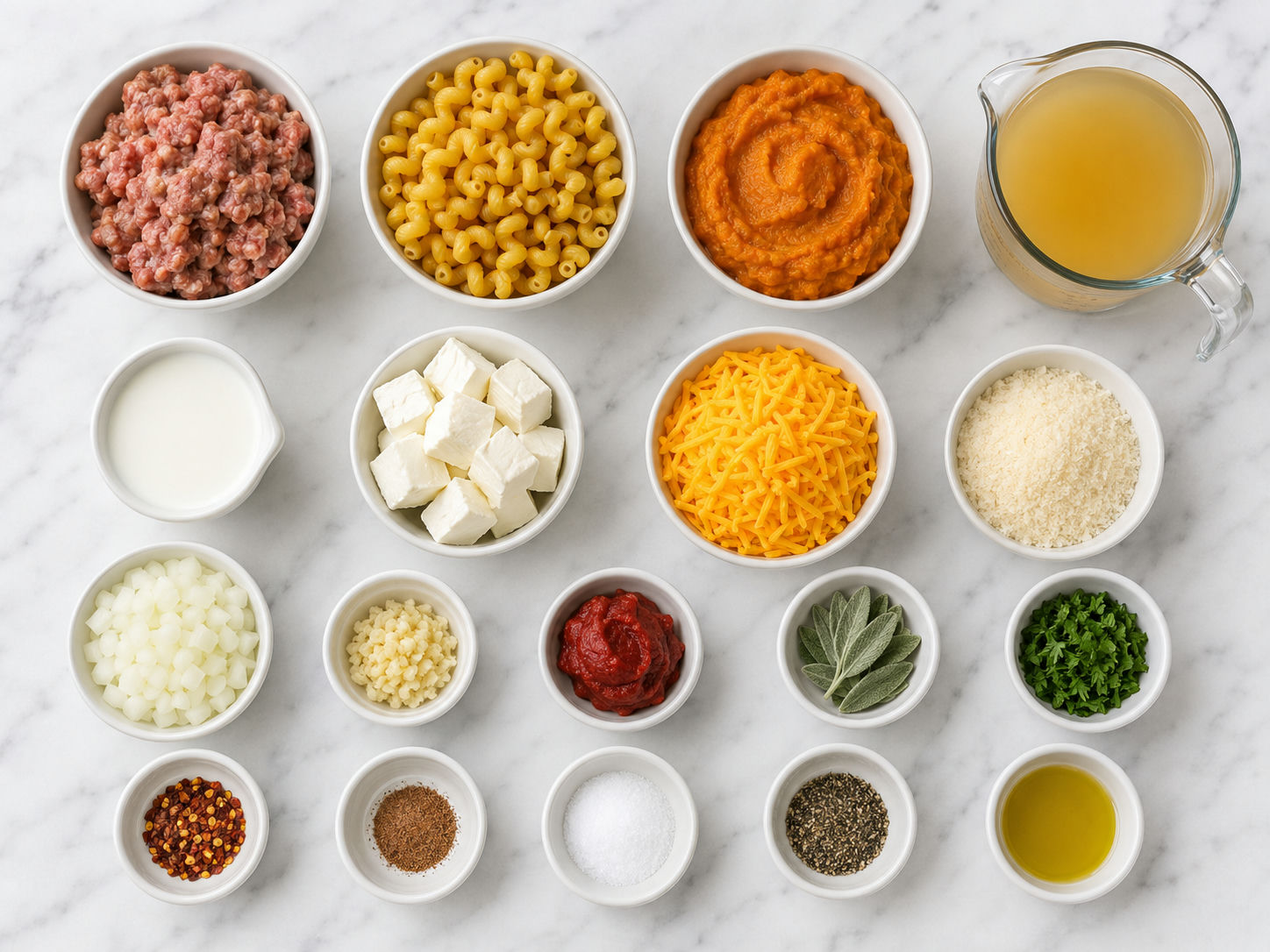 Ingredients for pumpkin sausage pasta with cheese, sage, and cavatappi