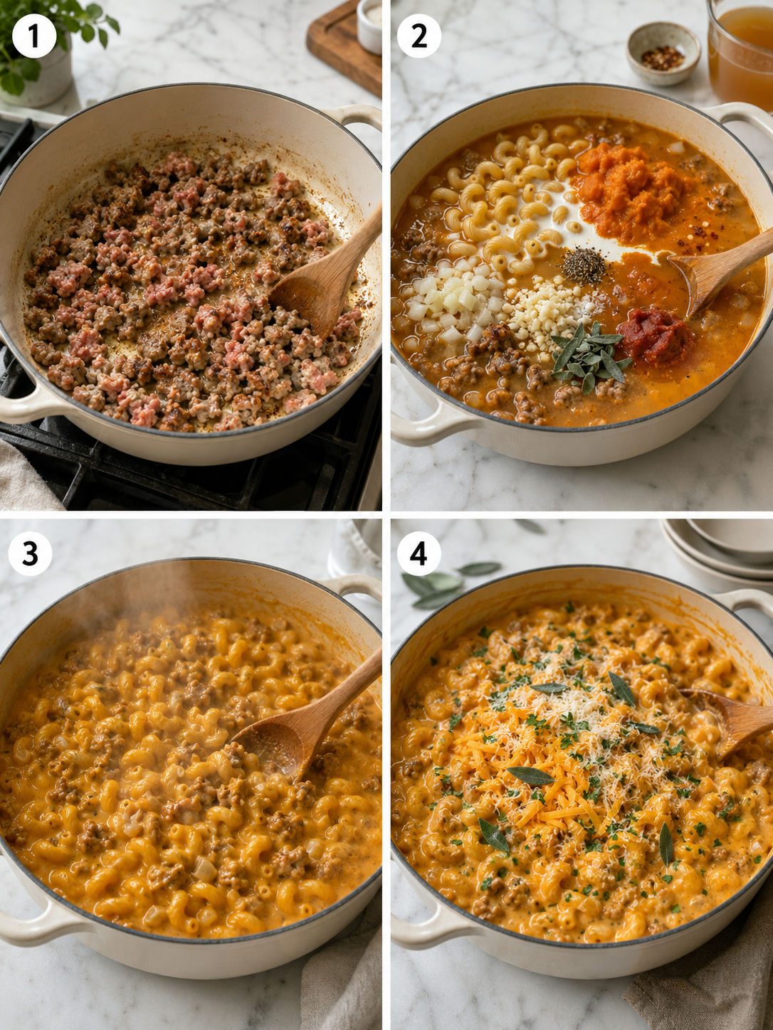 Four cooking steps for pumpkin sausage pasta in a Dutch oven