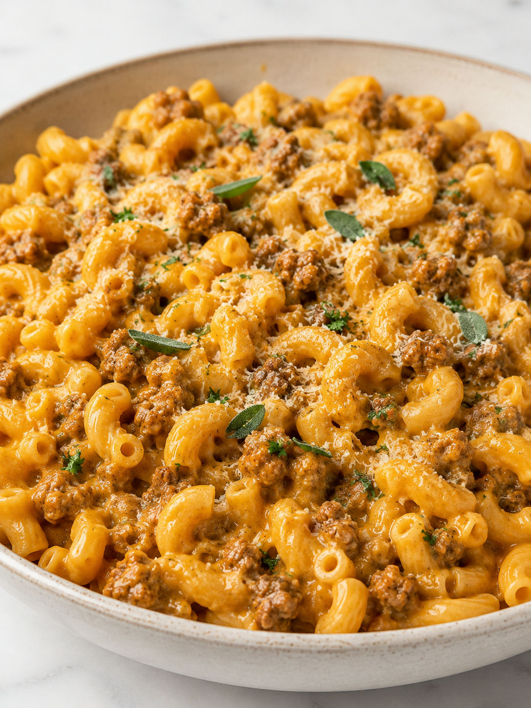 Creamy pumpkin sausage cavatappi with cheddar, parmesan, and parsley