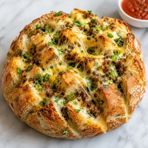 Cheesy sausage pull-apart bread with melted cheese and parsley
