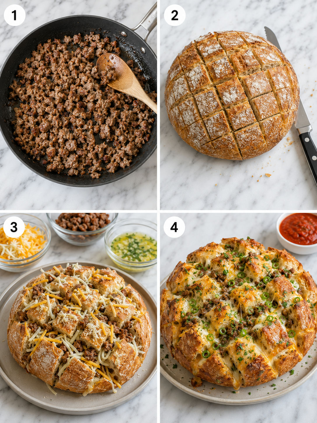 Four steps for making cheesy sausage pull-apart bread