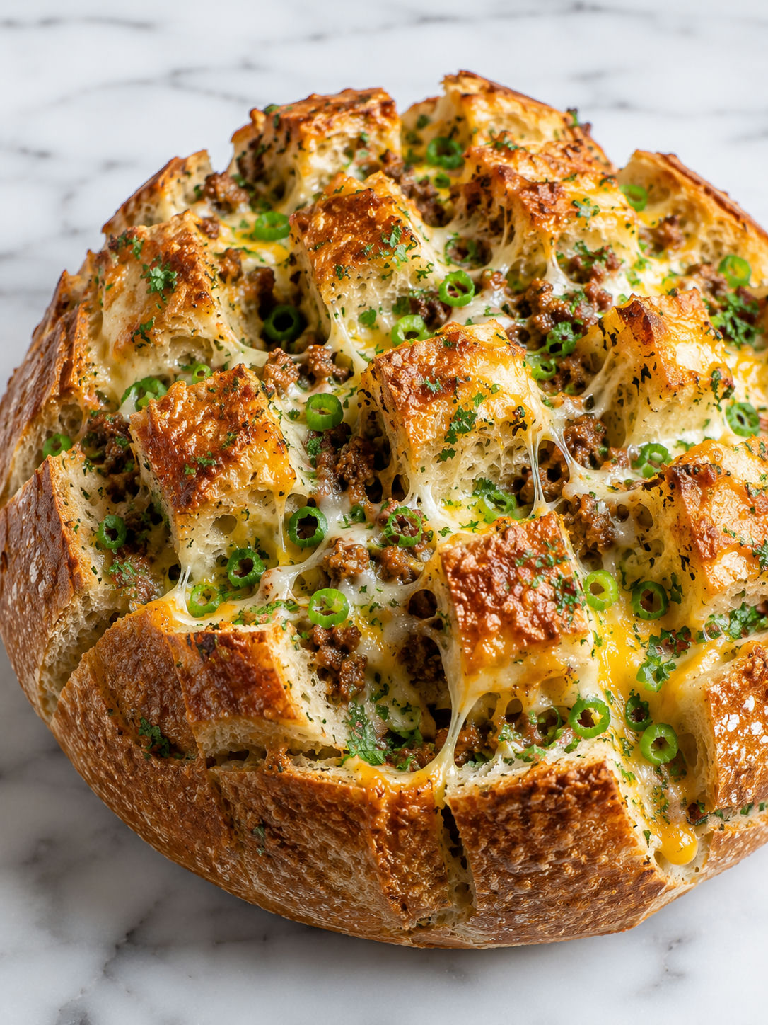 Gooey cheesy sausage pull-apart bread with crisp golden edges