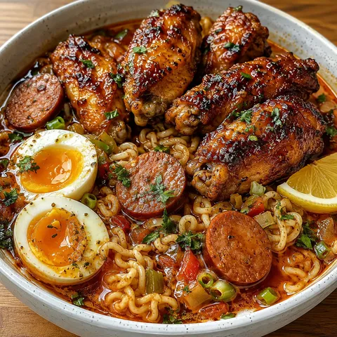 Chicken wing jambalaya ramen bowl with eggs and andouille