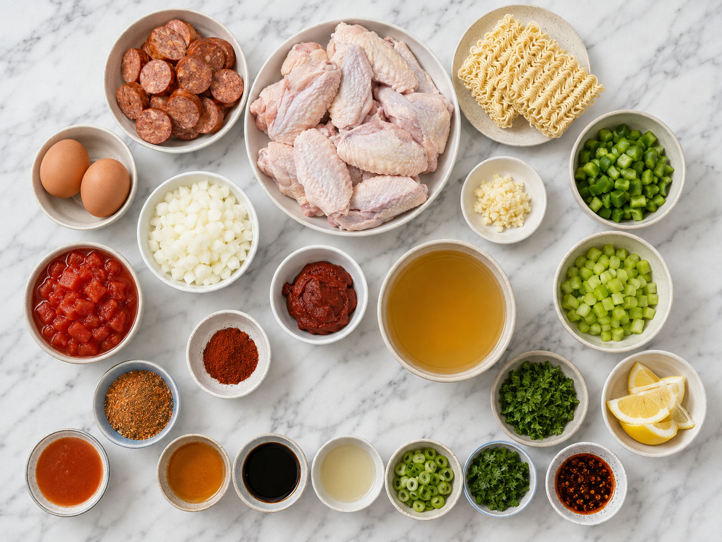 Ingredients for chicken wing jambalaya ramen with sausage and vegetables