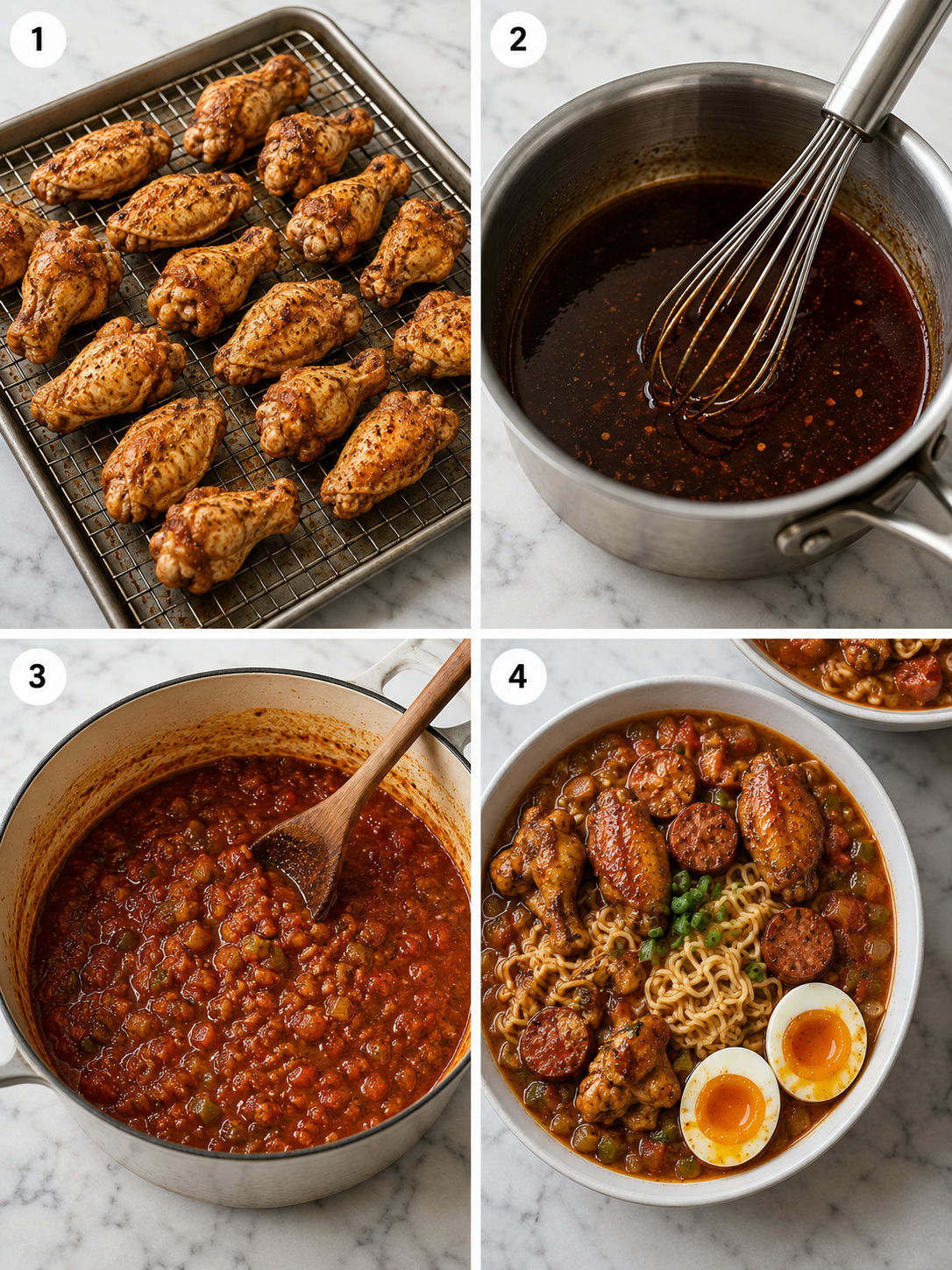 Four steps for making chicken wing jambalaya ramen bowls