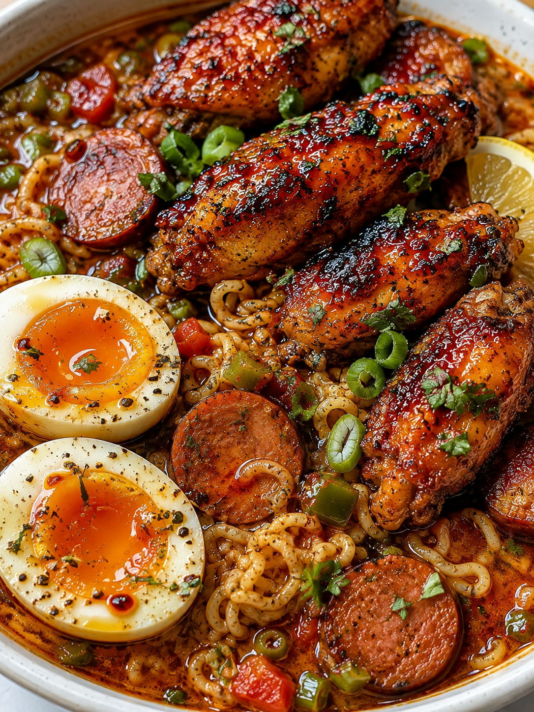 Cajun chicken wing ramen bowl with andouille and jammy eggs