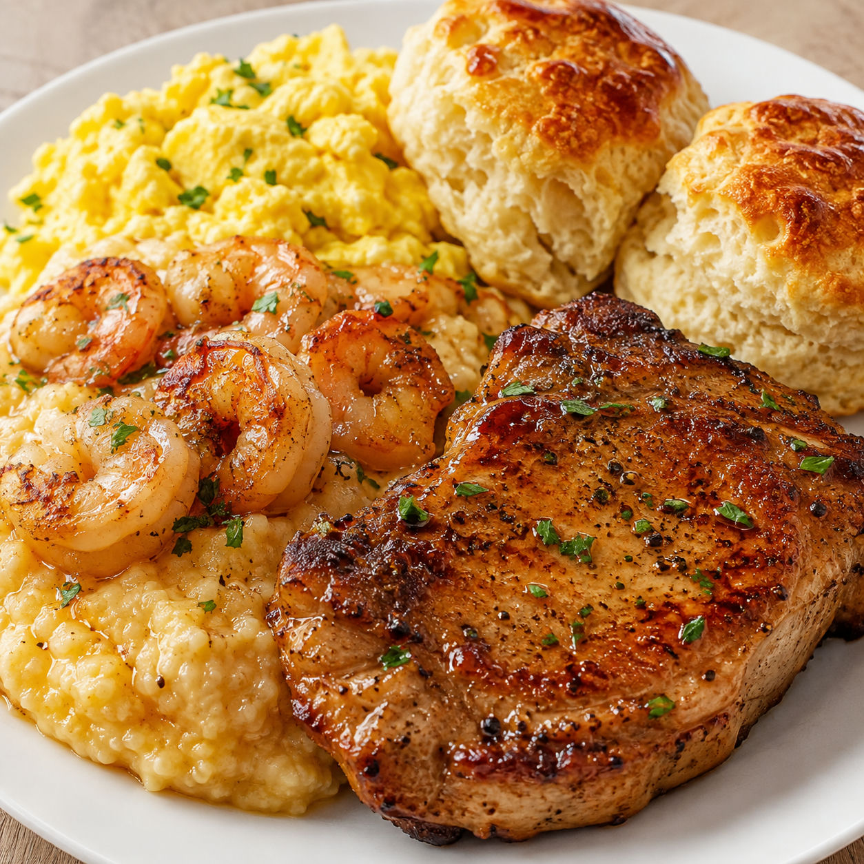 Pork chop with shrimp grits, scrambled eggs, and buttermilk biscuits
