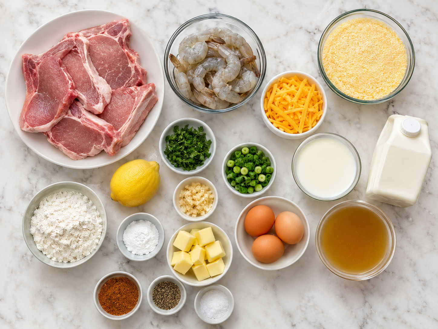 Ingredients for pork chops, shrimp grits, eggs, and biscuits