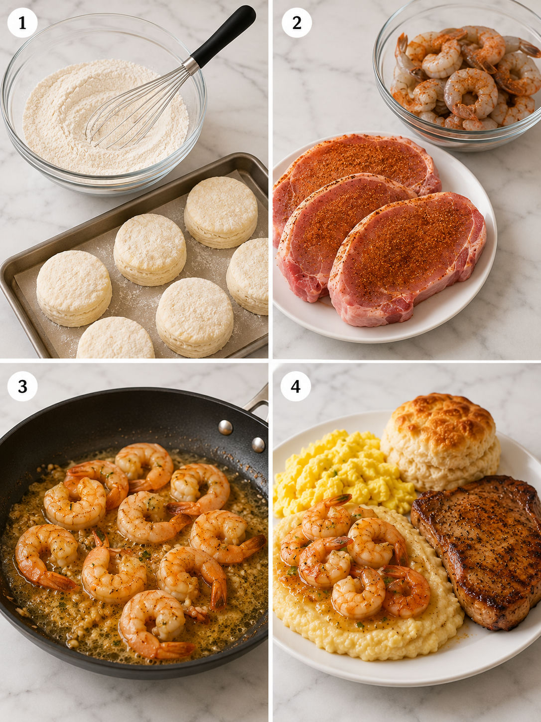 Four cooking steps for biscuits, grits, pork chops, shrimp, and eggs