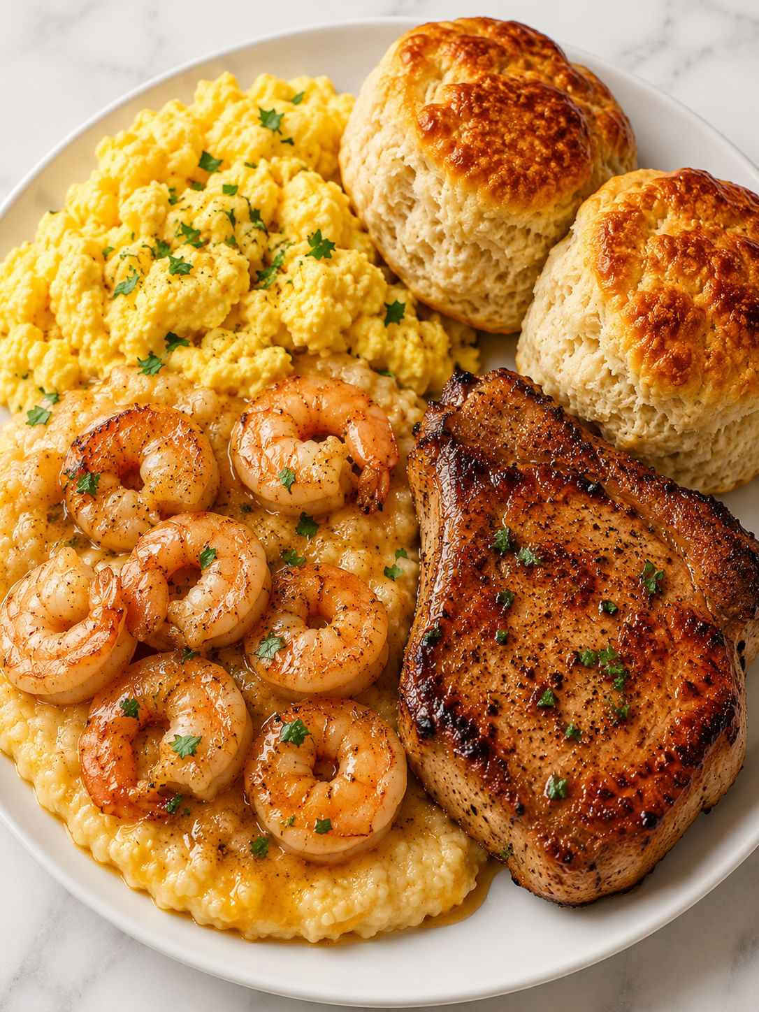 Southern feast plate with pork chop, shrimp grits, eggs, and biscuits