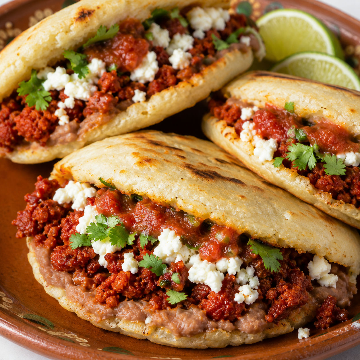 Chorizo and queso fresco stuffed gorditas with salsa, cilantro, and lime
