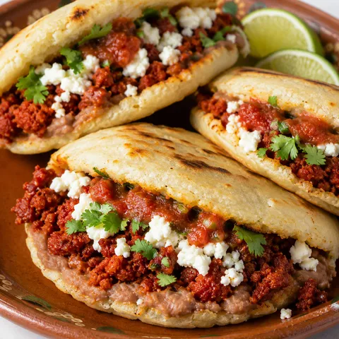 Chorizo and queso fresco stuffed gorditas with salsa, cilantro, and lime