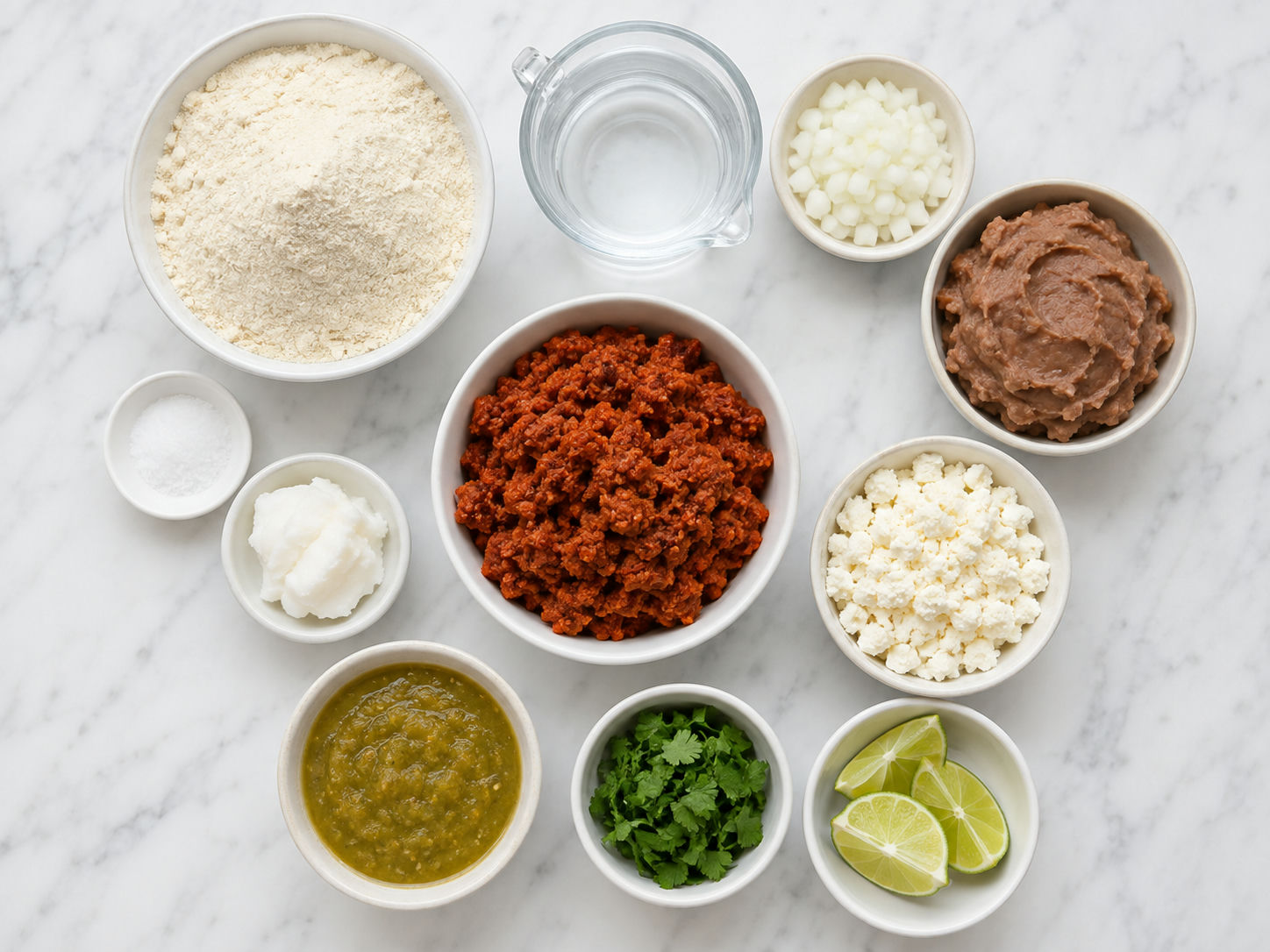 Ingredients for chorizo and queso fresco gorditas on a wooden counter