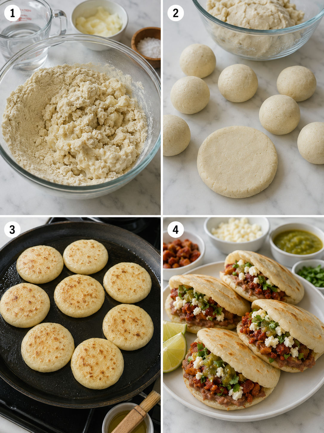 Four cooking steps for chorizo and queso fresco stuffed gorditas