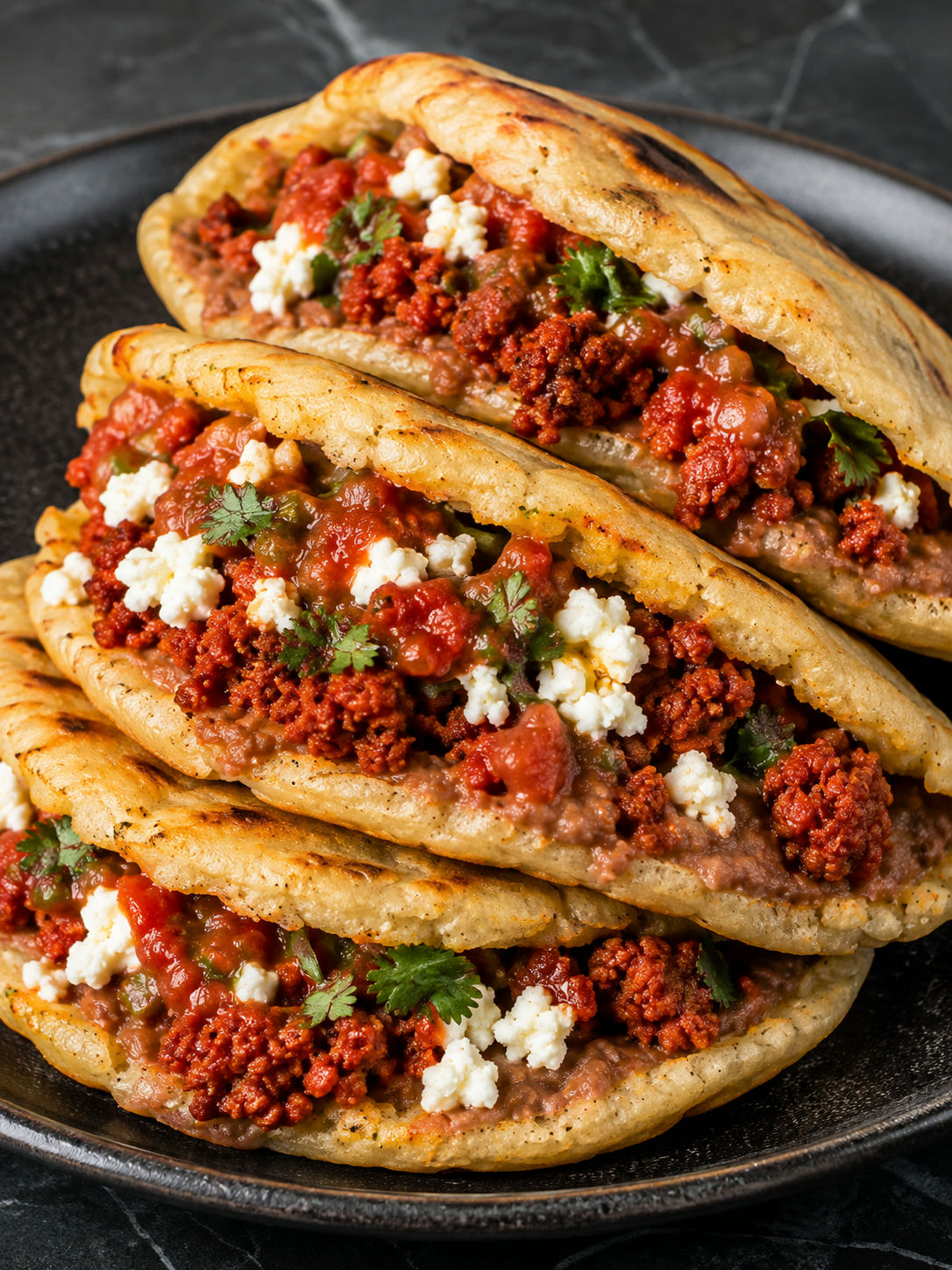 Golden gorditas stuffed with chorizo, queso fresco, salsa, cilantro, and lime