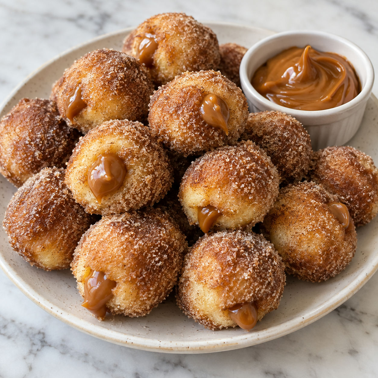 Churro donut bites filled with dulce de leche on a cream plate