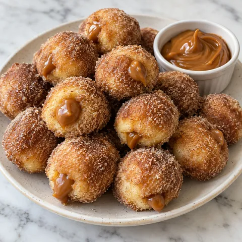 Churro donut bites filled with dulce de leche on a cream plate