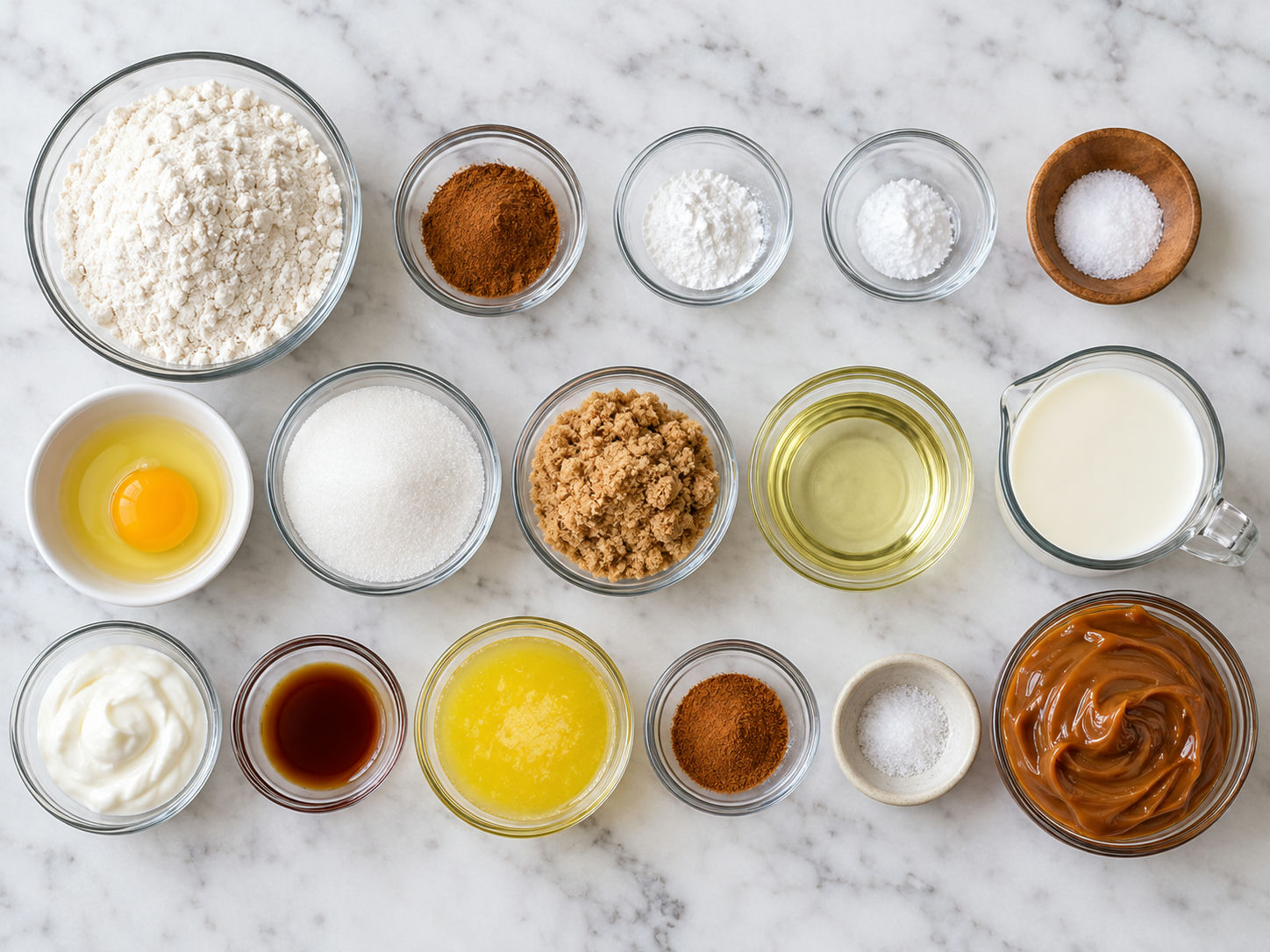 Ingredients for churro donut bites with bowls of sugar, cinnamon, and dulce de leche