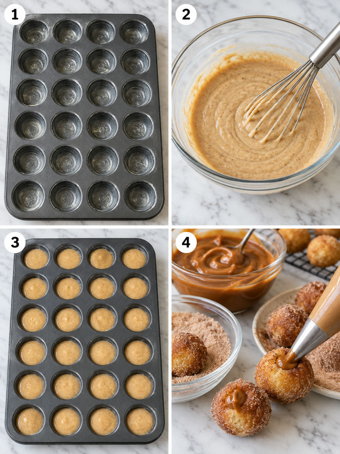 Four steps for making churro donut bites with dulce de leche filling