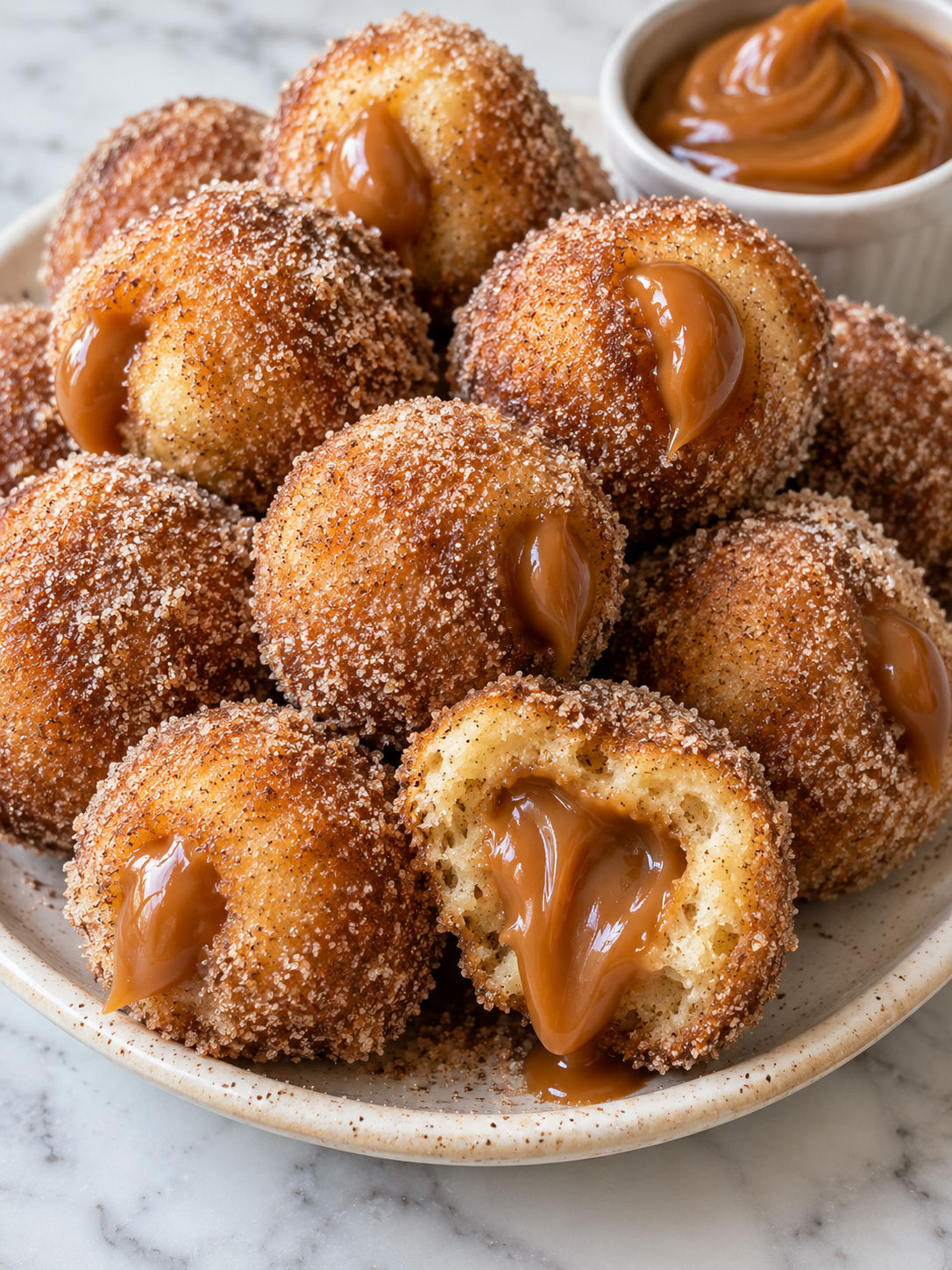 Cinnamon sugar churro donut bites with dulce de leche filling and drizzle